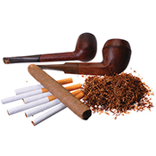 A cigar laying on top of six cigarettes next to a small pile of loose tobacco and two cigar pipes