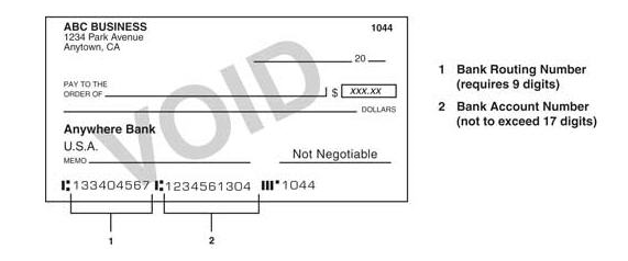 mock up check, bank routing number requiring 9 digits and bank account number maximum 17 digits