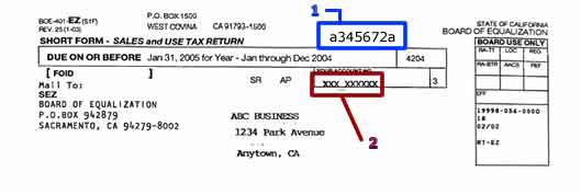Location of the Express Login Code (1) and Account Number (2) on a Short Form- Sales and Use Tax Return