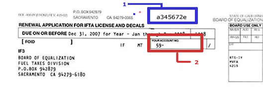 Location of the Express Login Code (1) and Account Number (2) on Renewal Application for IFTA License and Decals