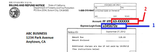 Location of the Express Login Code (1) and Account Number (2) on a Billing and Refund Notice
