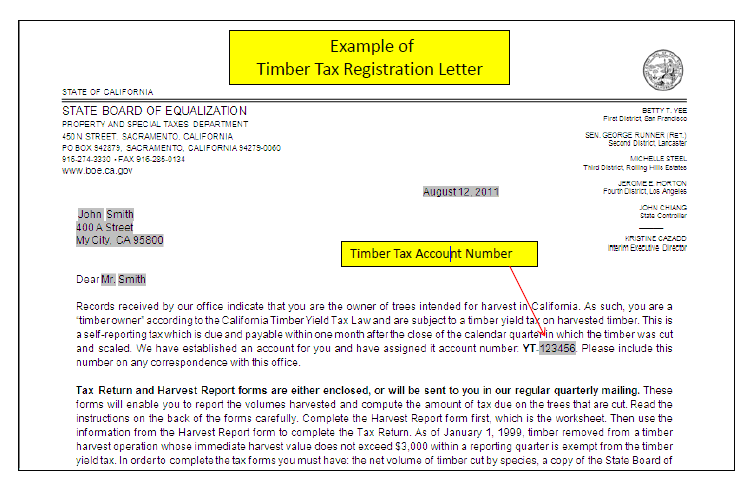 Example of Timber Tax Registration Letter with Timber Tax Account Number.