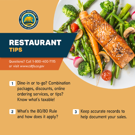 CDTFA logo and picture of a plate of cooked salmon and vegetables.