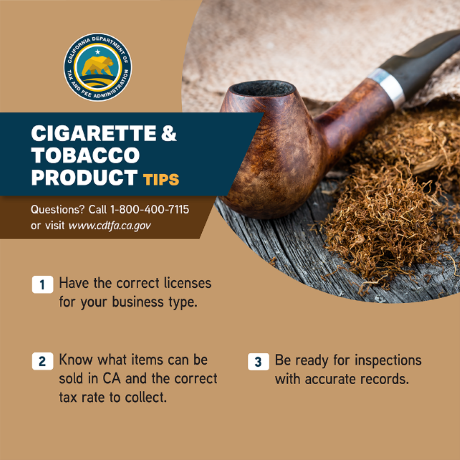 CDTFA logo and picture of tobacco pipe with loose-leaf tobacco.