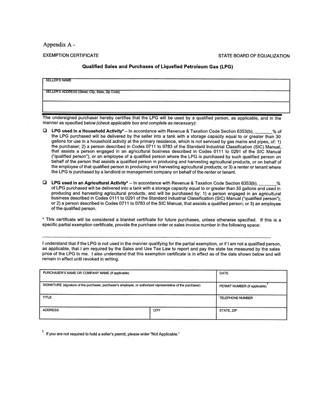 Exemption Certificate; Qualified Sales and Purchases of Liquefied Petroleum Gas (LPG)