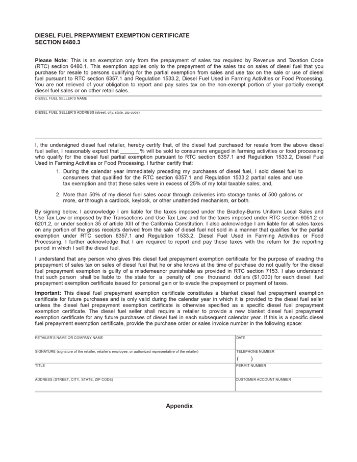 Diesel Fuel Prepayment Exemption Certificate